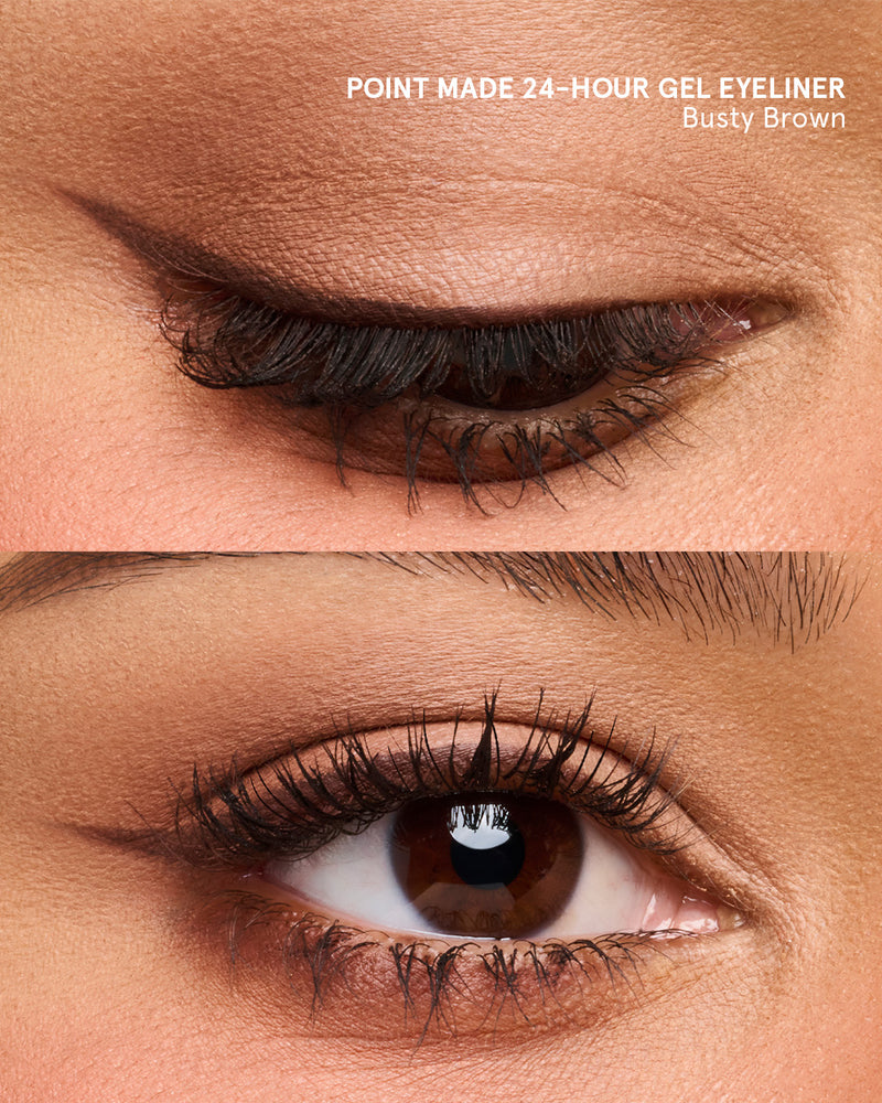 Translation missing: en.Close-up of Busty Brown gel eyeliner along the upper lash line, applied with Point Made 24-Hour Gel Eyeliner Pencil