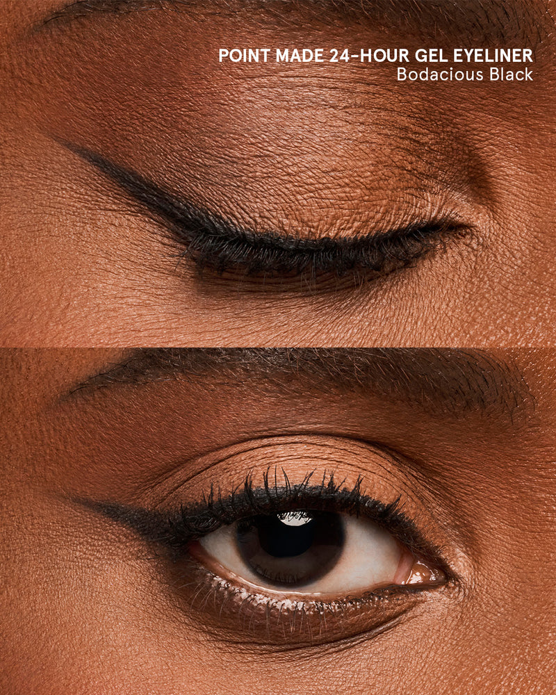Translation missing: en.Close-up of Bodacious Black gel eyeliner along the upper lash line, applied with Point Made 24-Hour Gel Eyeliner Pencil